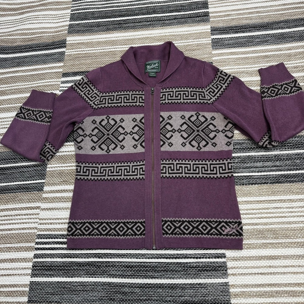 Woolrich‎ Sweater Women's Large Purple Full Zip Cardigan Nordic Geometric Knit
